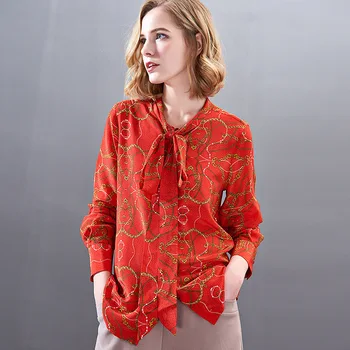 

women s blouses and tops silk floral office formal casual shirts plus large size 2019 summer sexy Haut femme red golden Ribbon