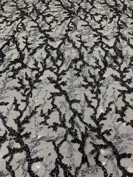 

African Net Lace Fabric with Glued Glitter Newest Black Silver Glitter Sequins Tulle French Lace Nigerian Lace
