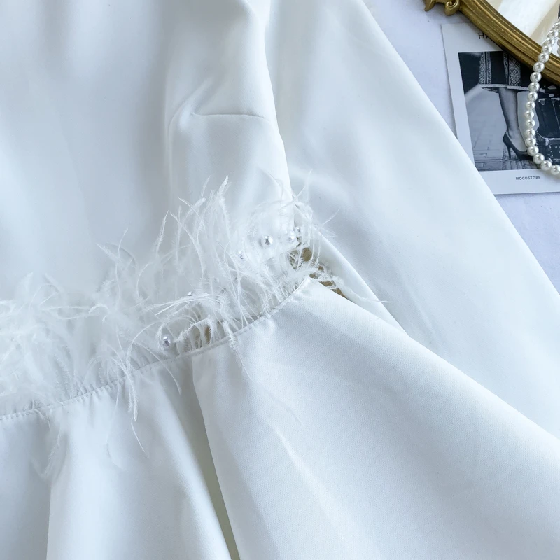 Foamlina элегантная женская блузка рубашка из искусственного пера кисточки вышивка бисером рубашка с длинным рукавом Осенняя Женская белая черная баска рубашка блузка