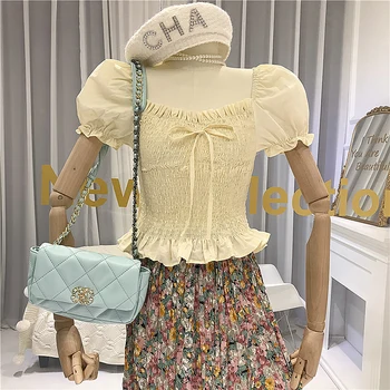 

Sweet Square Collar Crop Top Women 2020 Summer Puff Sleeve Blouses Solid Summer Women's Costumes ladies blouses 2020