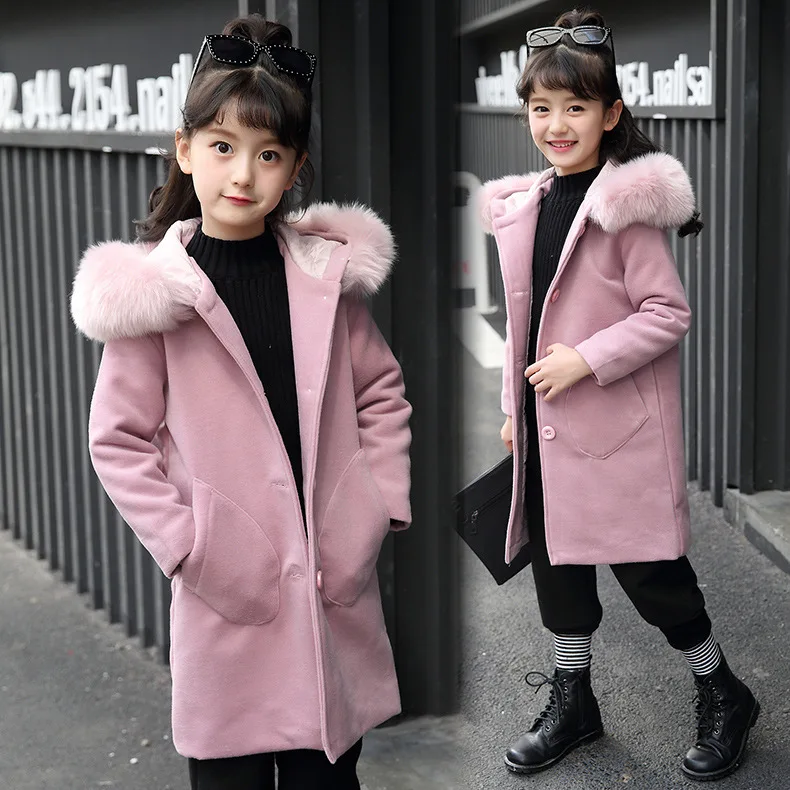 LOOZYKIT г. Осеннее шерстяное пальто средней длины с плюшевой шляпой одежда для маленьких девочек, новое шерстяное пальто для девочек детская одежда