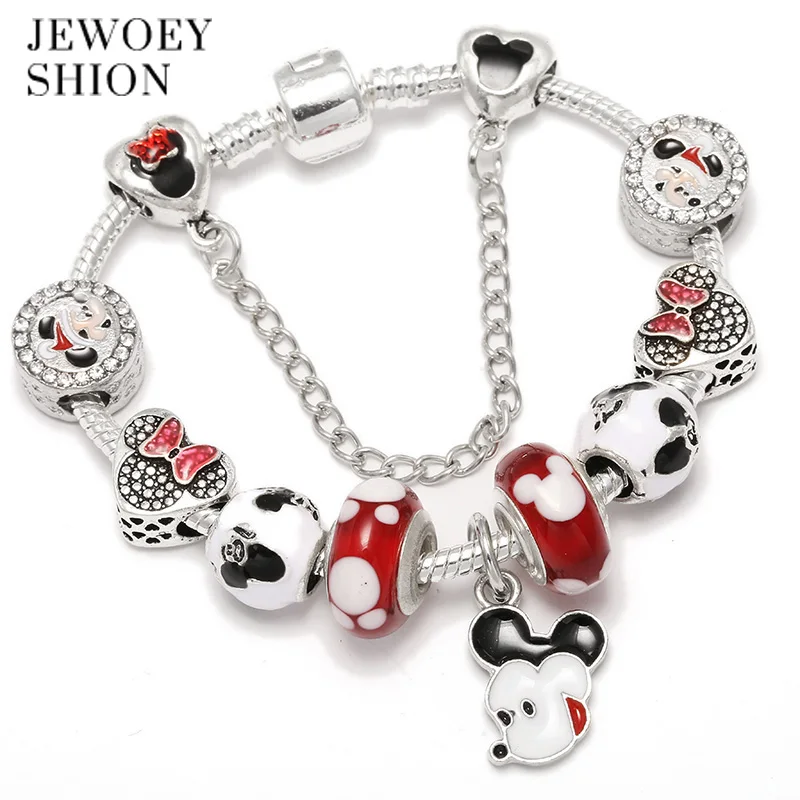 

JEWOEY SHION Carton Red Mickey Charm Bracelets Bangles For Women Minnie Murano Glass Beads Popular Bracelet Fashion Kids Gifts