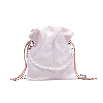 

Elegant Silk Drawstring Crossbody Bags Women Elegant Shoulder Handbags Female Travel Pearl Chain Messenger Small Pouch Hot Sale