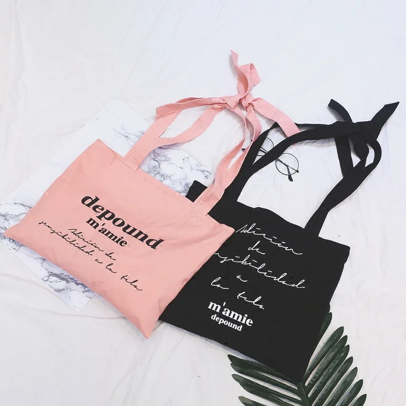 

Micro for Girl Pink depound Bow French Lettered Lace-up Canvas Bag WOMEN'S Single-shoulder Bag Shopping Bag