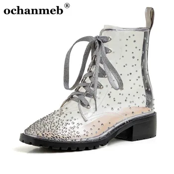 

ochanmeb Size 33 Spring Ankle Boots Low Heel Square Toe Lace Up Transparent Women Diamond Shoes High Quality Women Clear Boots