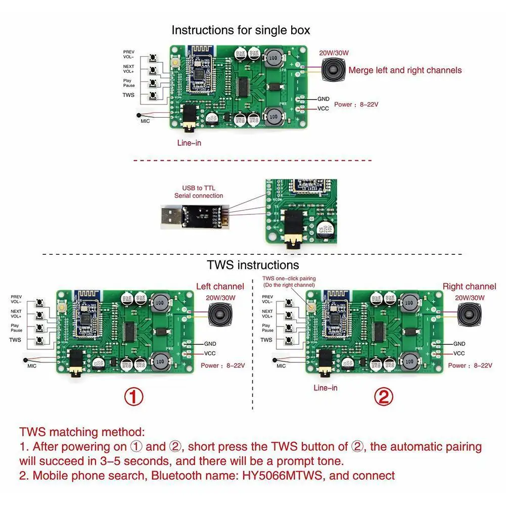 

TWS Bluetooth 5.0 Power Amplifier Board 30W / 20W Mono Module Port Audio Supports Renamed AUX Stereo Serial G4K5