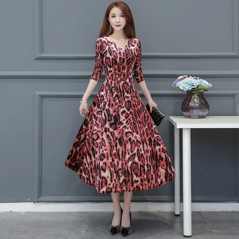 

Vestido Print A-line Elegant High Waist Plus Size Robe V-Neck Long Sleeve Winter Velvet Dress Autumn Women Female Mujer New 2019
