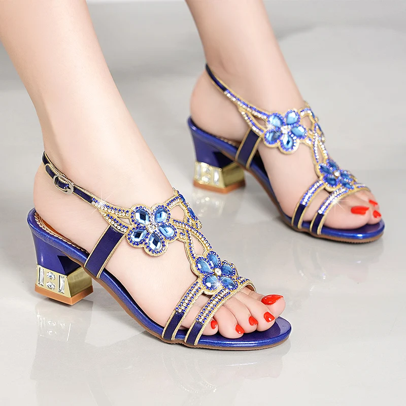 

2021 new rhinestone sandals summer bohemian non-slip mid-heel thick heel sandals comfortable high-heeled large size women's shoe