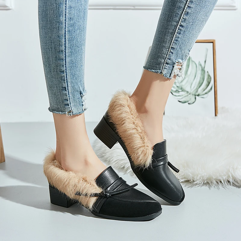 Rabbit Khaki Fur Boots Winter Faux Suede Leather Fur Snow Booties Women Bowtie Med-High Heels Lady Shoes Ankle Dress Botas - Цвет: Черный