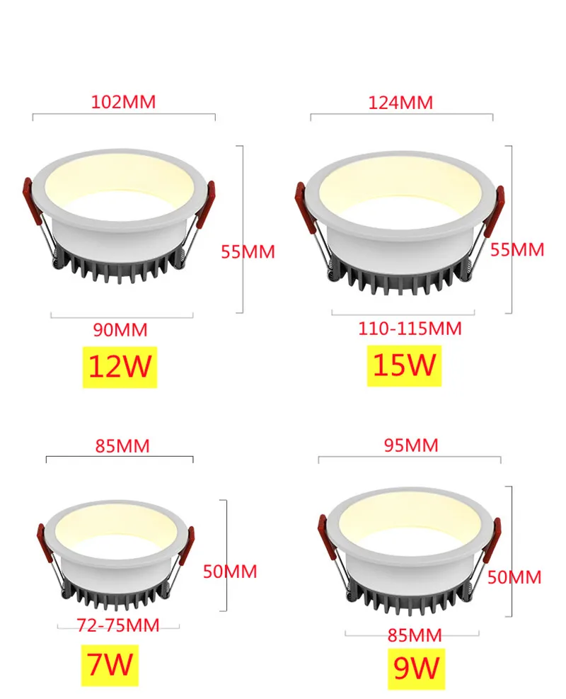 CCT Change color tempe AC85~265V embedded anti-glare LED downlight 7W/9W/12W/15W LED ceiling spotlight backlight indoor lighting dimmable led downlights