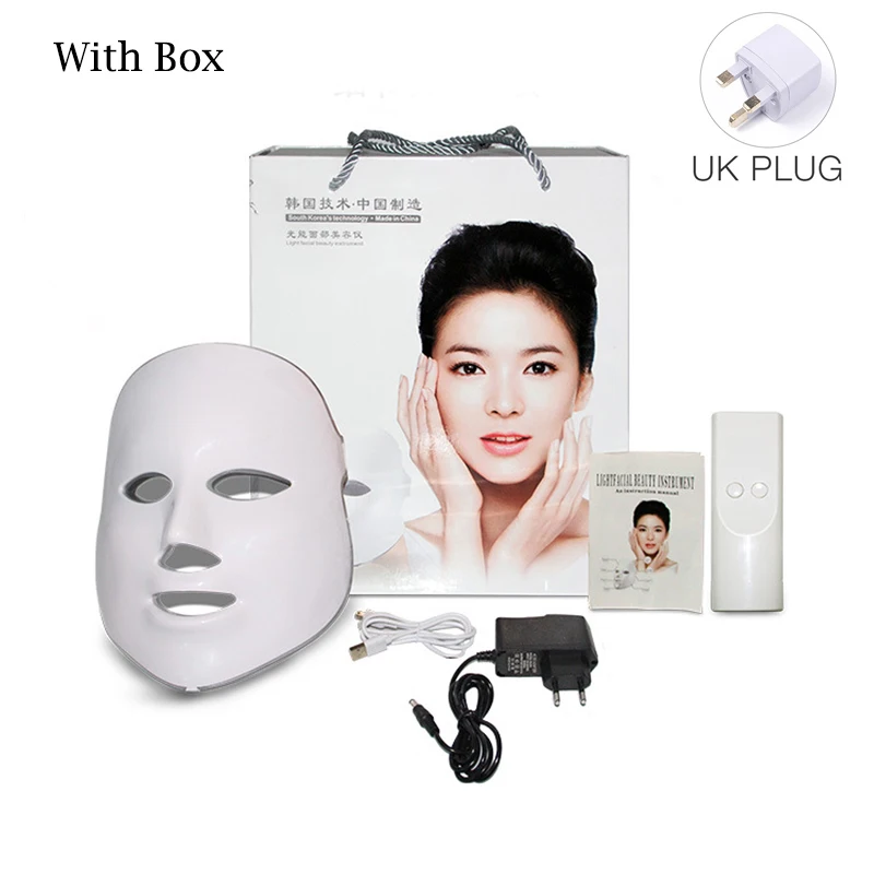 Светодиодный маска для лица, 7 цветов, Корейская фотонная терапия, маска для лица, инструмент для красоты, Подтягивающая кожу, радиочастотная, против морщин, для салона красоты - Цвет: UK Pluge-White