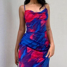 

2021 Summer Tie Dye Beach Style Dresses for Women Sexy Fashion Spaghetti Straps Backless Floral Pint Slim Dress Party Clubwear