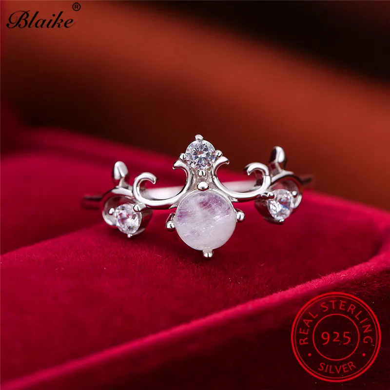Luxury Female Queen Crown Ring Round Moonstone Rings For Women 925 Sterling Silver Wedding Bands Zircon Engagement Jewelry | Украшения и