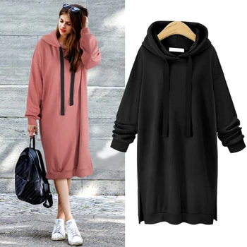 

New 2019 Women Hoodies Dress Autumn Winter Plus Thick Long Hooded Sweatshirt Long Sleeve Slim Side Zipper Hoodie Pullover Female