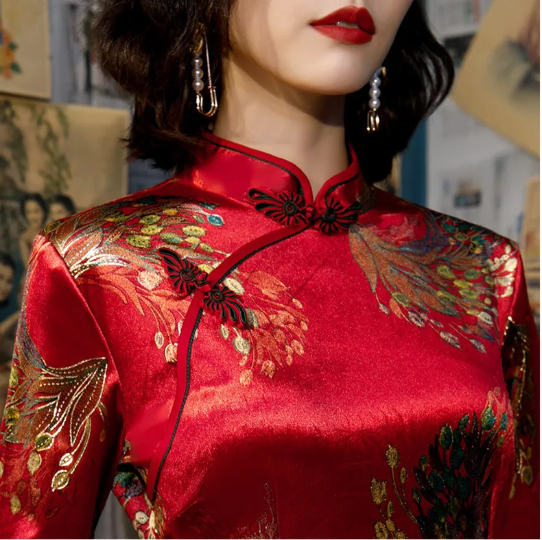 Sheng Coco 5xl плюс Размер Павлин бархат Cheongsam современное платье ретро в китайском стиле длинный рукав женщины китайские свадебные платья