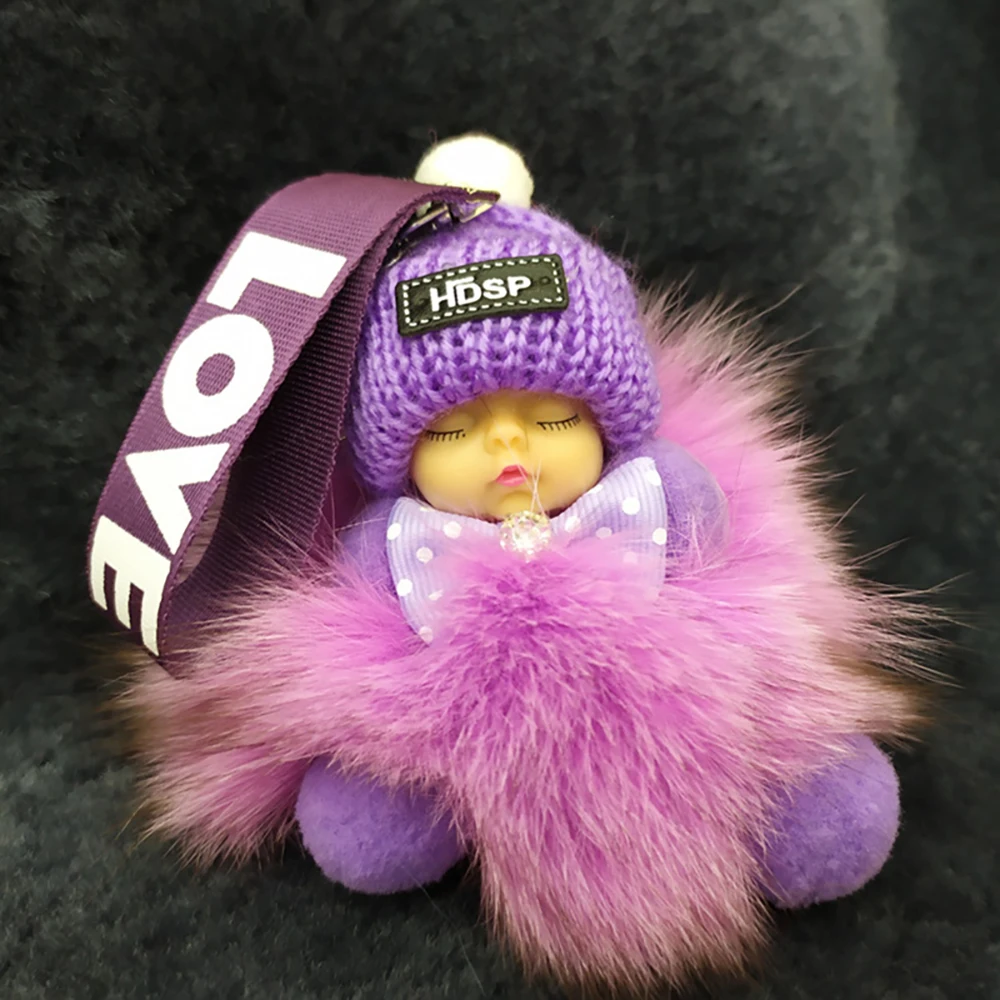 Kawaii Sleeping Baby Doll Keychain With Fluffy Fur Ball - 13-14CM Cute Bag Charm For Car Keys & Backpacks (Grey)