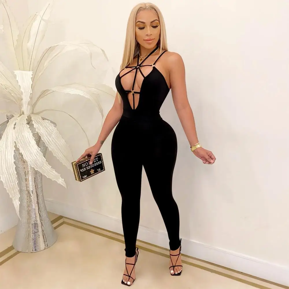 

Lace Up Cross Bandage Sleeveless Skinny Jumpsuit Sexy Party Club Outfits Playsuit Fitness Backless Halter Body Rompers Overalls