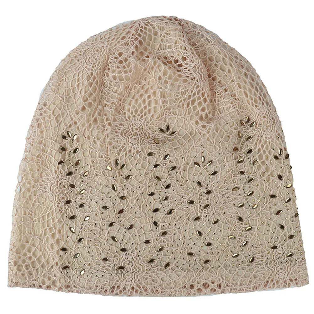 Women Sleeping Hair Loss Autumn Casual Chemotherapy Cap Rhinestone Studded Turban Hat Wrap Knitting Thin Hollowed Out Lace