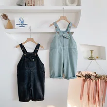 Г. Осень, Новое поступление, корейский стиль, хлопковые однотонные джинсы на подтяжках, штаны с карманом для модных милых маленьких девочек и мальчиков