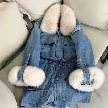 

White Duck Domn Women Autumn Denim Jacket Detachable Liner Real Fox Fur Collar Long Warm Overcoat Lady's Jackets