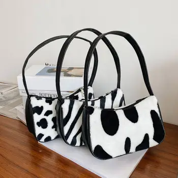 

Soft Plush Women Small Shoulder Bag Female Animal Zebra Cow Print Underarm Bags 2020 Autumn Winter Warm Soft Fur PU Handbags