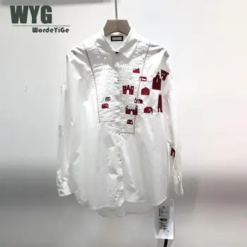 

Unique Designer Causal White Shirts 2020 Spring New Red Cartoons Embroidery Long Sleeve Ladies Cotton Blouses and Tops