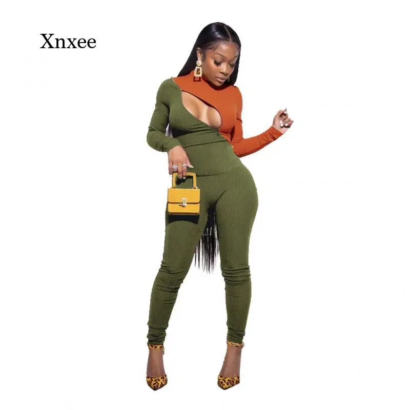 

Spring and Autumn Women's Sexy Two-Piece Zipper Color Patchwork Tight Knit Rib Jumpsuit Club Party Evening Dress