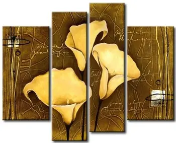

Handmade 4 Panels Abstract Lily Oil Paintings in Yellow Large Modern 100% Hand Painted Floral Wall Art for Living Room Bedroom