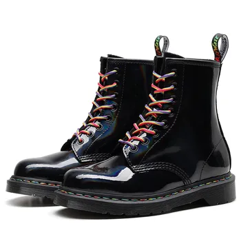 

Laser Leather Chunky Motorcycle Boots Women Autumn Fashion Round Toe Color Shoelaces Combat Jason Martins Boots Ladies Shoes