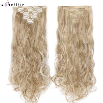 

SNOILITE 18 Clips Hair Extension long wavy clip in hair extension black brown Synthetic clip hair for women 24''