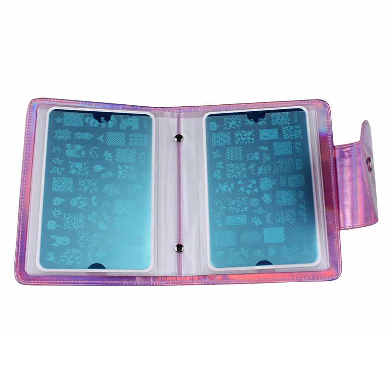 Big 20 Slots Holographic Pink Stamping Plate Case Laser 9.5x14.5cm Nail Art Plate Organizer Holder Bag JT291