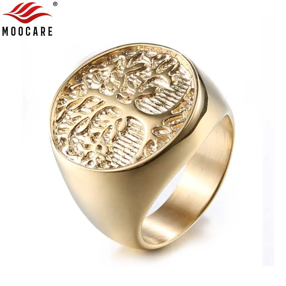 

Moocare men gold ring punk vintage pleated life tree titanium rings male wedding band jewelry accessories