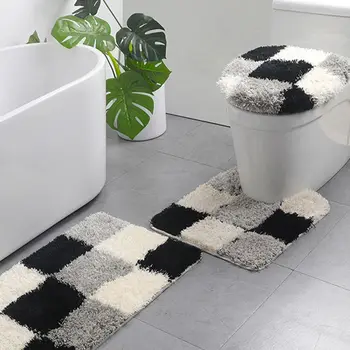 

3Pcs Geometric Plaid Bathroom Rug Set Flocking Water Absorbent Bath Mat Non-Slip Contour Carpet Toilet Seat Lid Cover