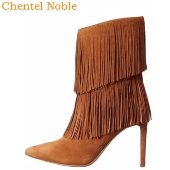 

Black Flock Leather Boots Women Tassel Pointed Toe High Heel Ankle Boots Heel Side Zip Western Boots Women Two Style Big Size