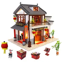 Китайский стиль таверна Деревянный Кукольный дом Дракон ворота ИНН миниатюрный кукольный домик Каст набор мебели детский игрушечный дом domek dla lalek