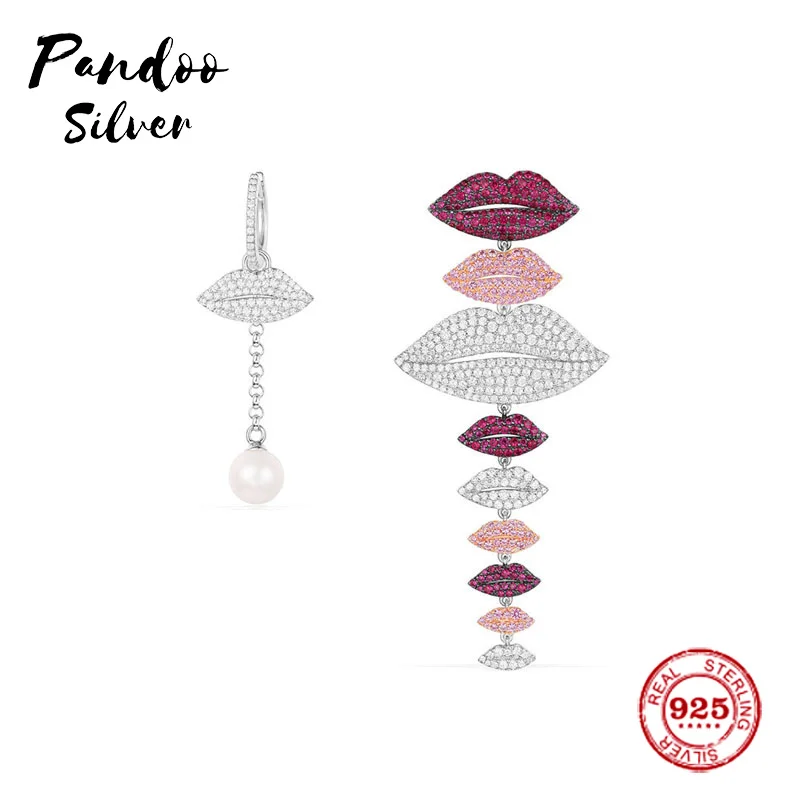 

Fashion Charm Sterling Silver Original 1:1 Copy，Asymmetric Multicolor Lips Earrings With Pearl Jewelry Gift Suitable For Female