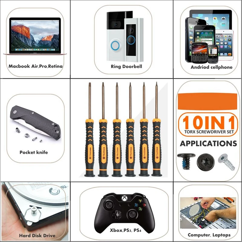 10 in 1 Torx Screwdriver Set with T3 T4 T5 T6 T8 T10 Torx Bit Suitable for Disassembly and Repair Of Electronic Equipment Such A