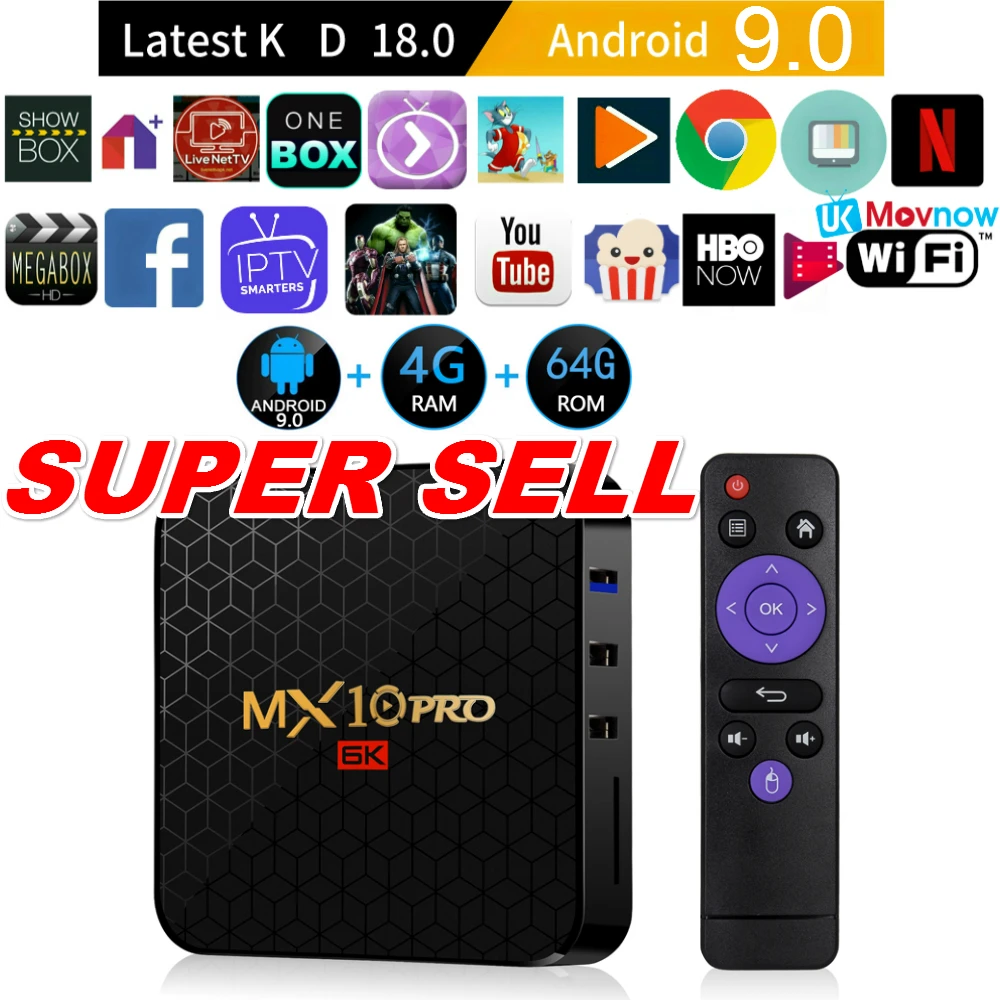 

TTVBOX New MX10 Pro Android TV Box 4G 32/64G Android 9.0 TV BOX Allwinner H6 Quad Core 4K HDR 2.4GHz WIFI USB 3.0 TV Set Top BOX