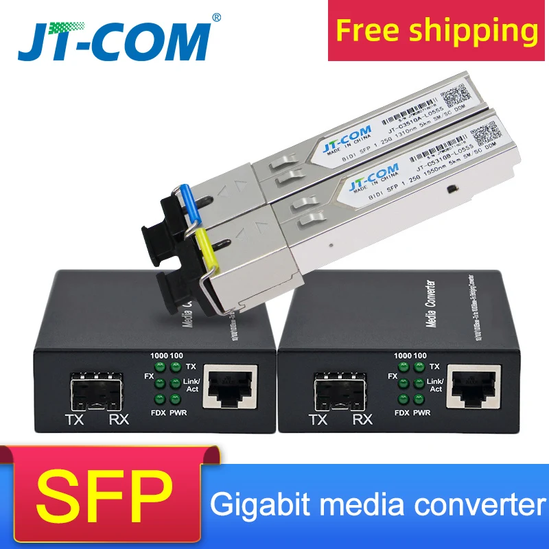 1pair Gigabit Media Converter SFP Transceiver Module 5KM 1000Mbps Fast Ethernet RJ45 to Fiber Optic switch 1
