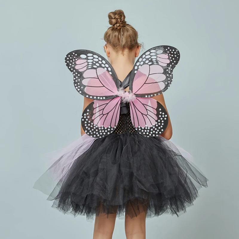 Pink and Black Monarch Butterfly Tutu Dress with Wings Girls Insect Bug Butterfly Halloween Costume Kids Birthday Tutu Outfit (3)
