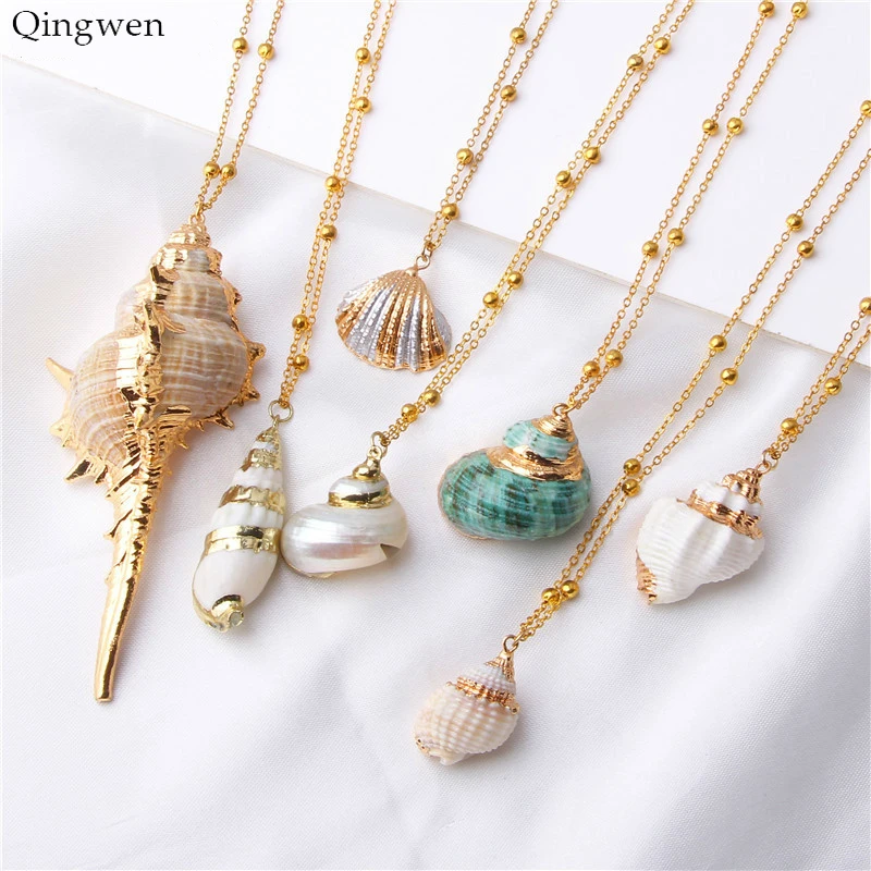 

Qingwen Boho Conch Shells Necklace Sea Beach Shell Pendant Necklace for Women Collier Shell Cowrie Summer Bohemian Jewelry