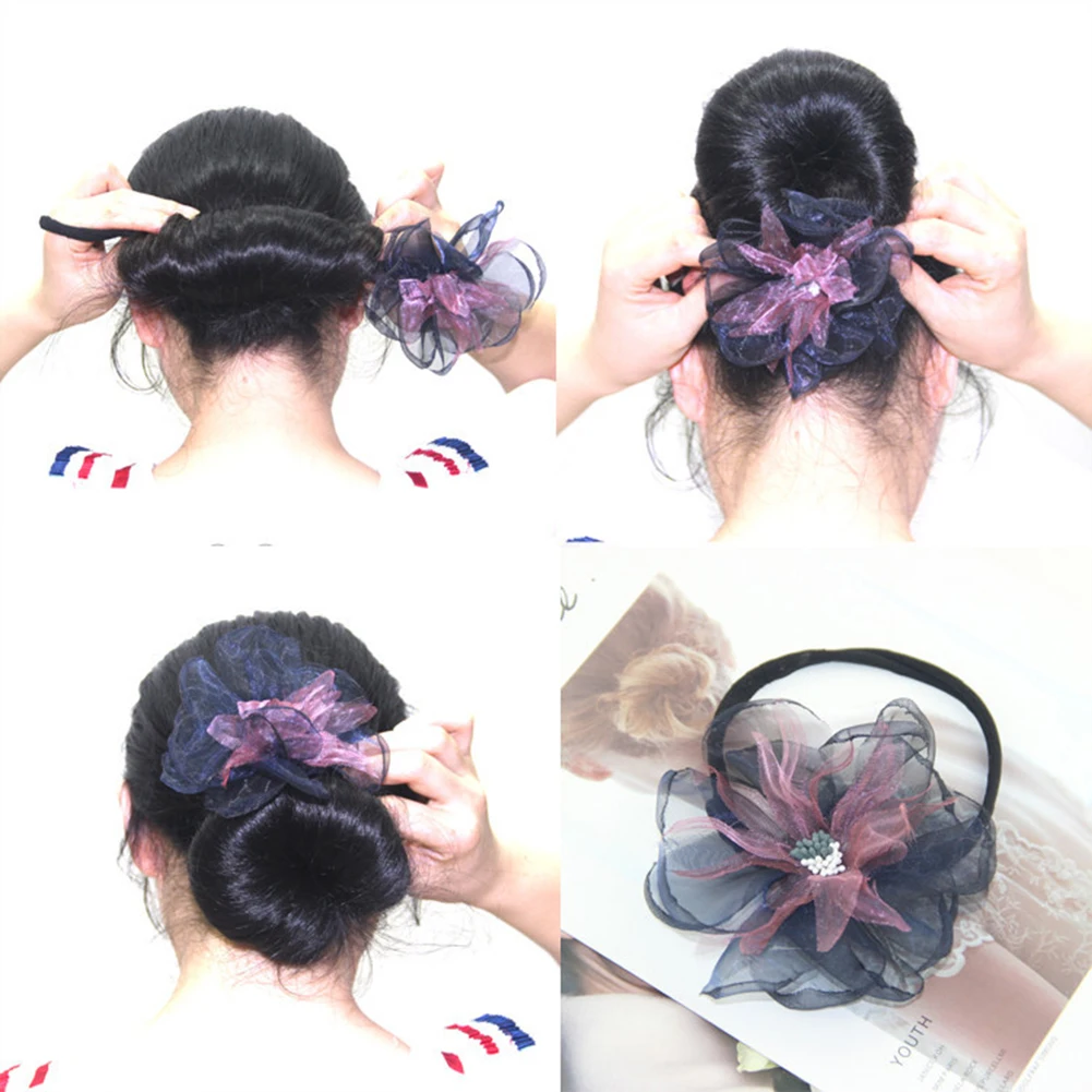 Women Flower Donut Bun Maker Mesh Ribbon Korean Style Hair Curler