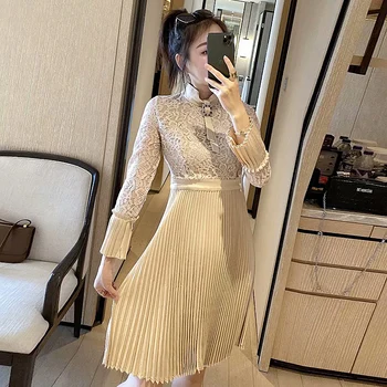 

High Quality Spring 2020 New Women'S Workplace Party Casual Sexy Vintage Elegant Chic Lace Stitching Slim Fashion Dress