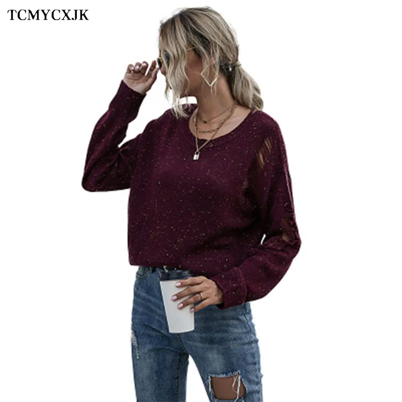 

Autumn Long-sleeve Hollow Knitted Sweater Women Solid Color Round Neck Sweater 2020 Winter fashion Color Dot Bottoming Shirt Top