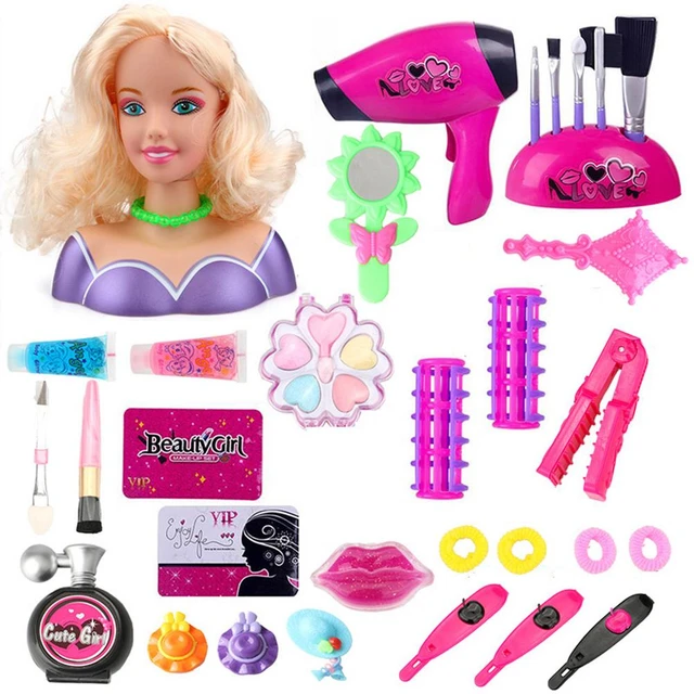 Boneca conjunto de maquiagem de cabelo cosmético boneca com secador de  cabelo cabeça de boneca brinquedo