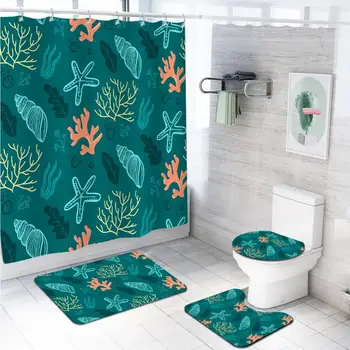 

Cartoon flower bird pattern bathroom sets with Waterproof Shower Curtain flannel floor mat toilet lid cover U-shaped pad