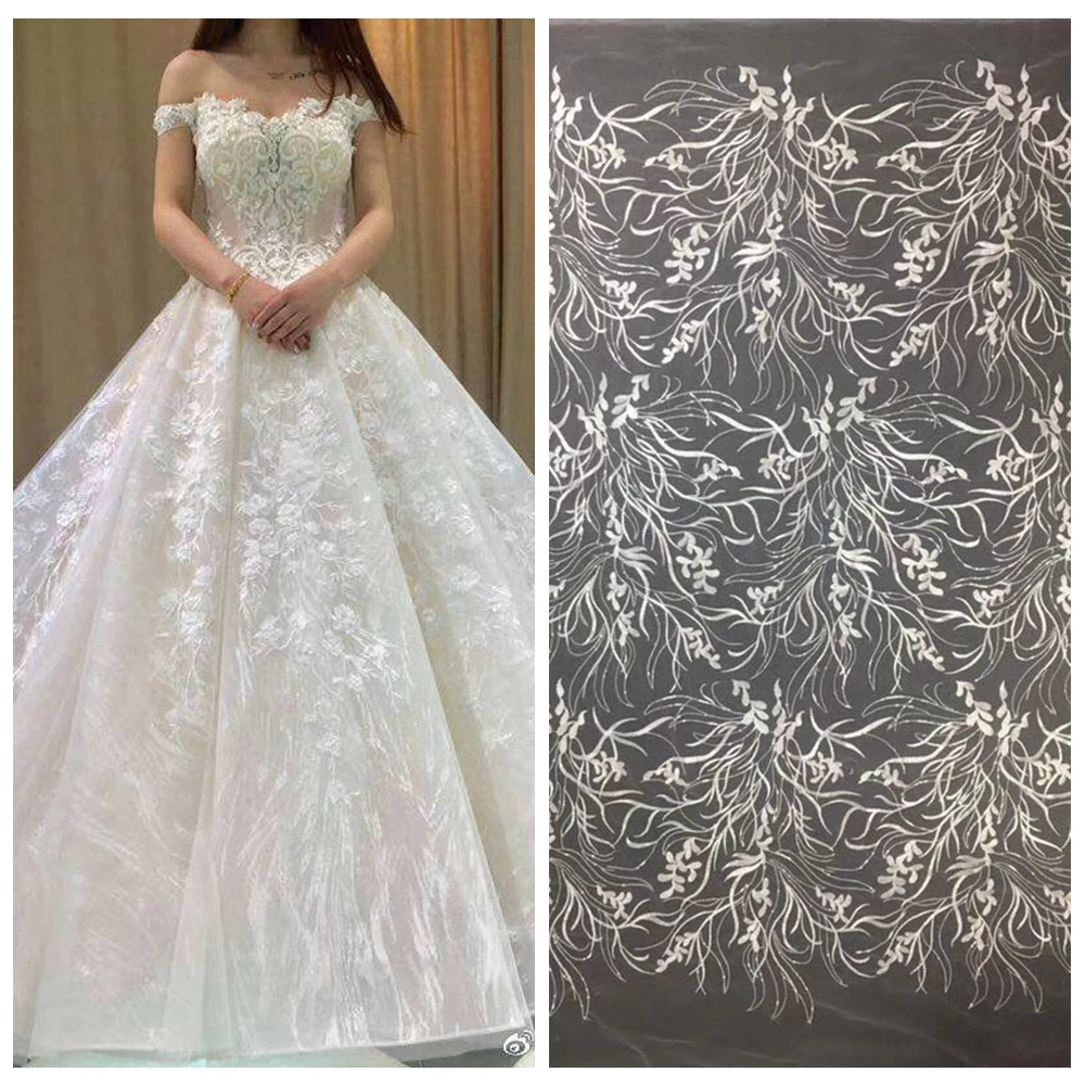 

5yards off white polyester with sequins embroidery lace fabric African French Lace Wedding Bridal Gown Dress fabric