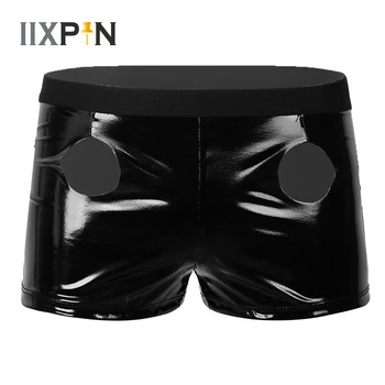 

Mens Underwear Boxers Wet Look Patent Leather Panties Low Rise Front Two Holes Sexy Men Boxer Shorts Stretchy Comfy Underpants