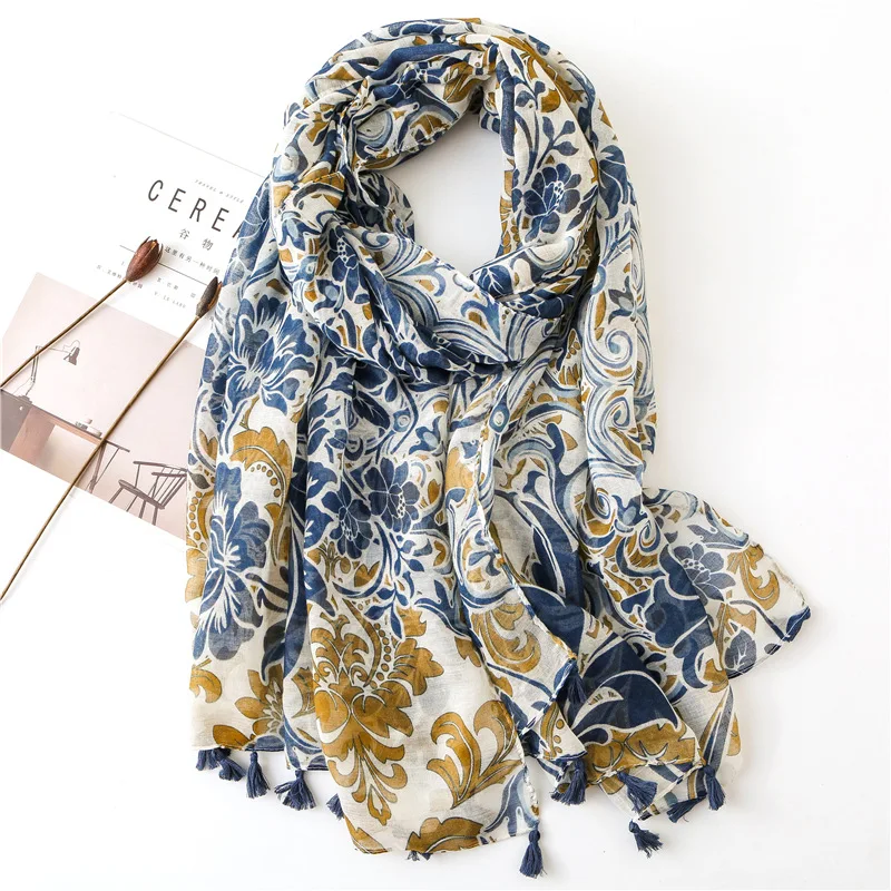 

New Fashion Handmade Muslim Blue Flower pattern Scarf Arab Long Scarf Weddig