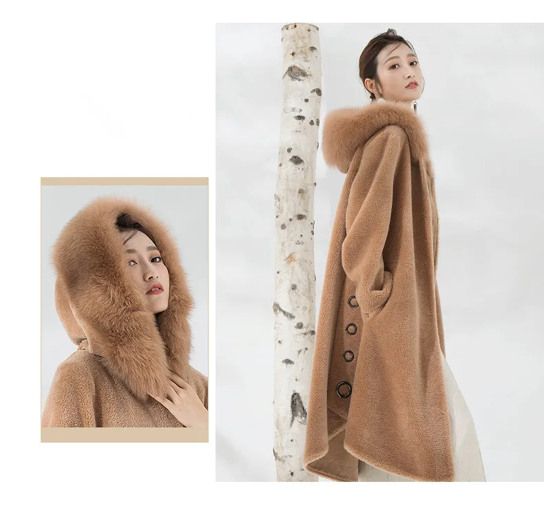 AYUNSUE/зимнее пальто для женщин из овечьей шерсти; пальто из натурального меха; Женское шерстяное пальто с воротником из лисьего меха; Длинная Куртка с капюшоном; Manteau Femme; MY4268